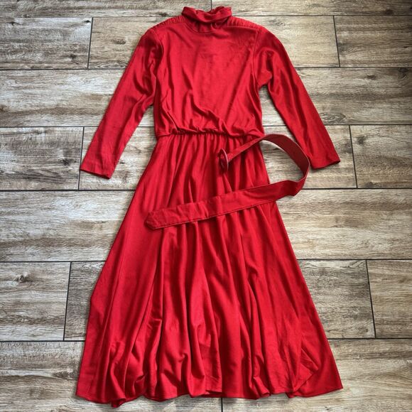 Vintage 80s Red Dress Women's 12 Belted Long - Picture 4 of 16